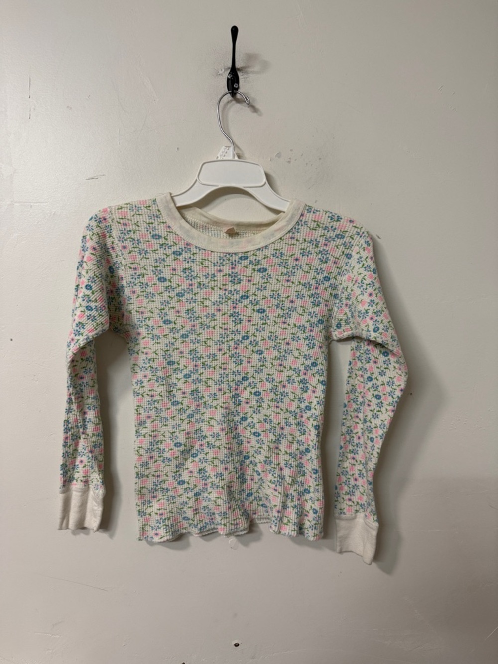 Floral Waffle-Knit Long Sleeve Top - Cream with Pink & Blue Flowers 80’s 90’s